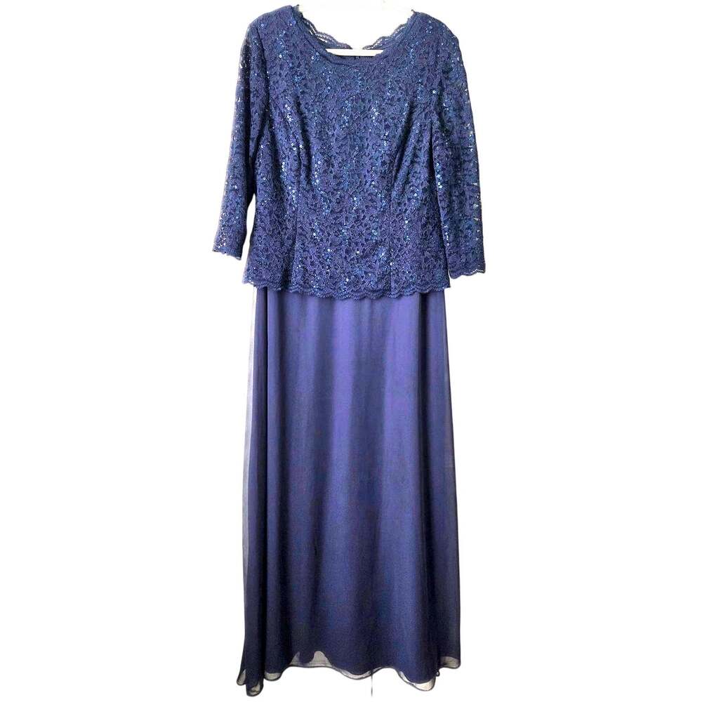 Alex Evenings Navy Blue Lace Chiffon Sequin Dress Mother of the Bride Plus 18